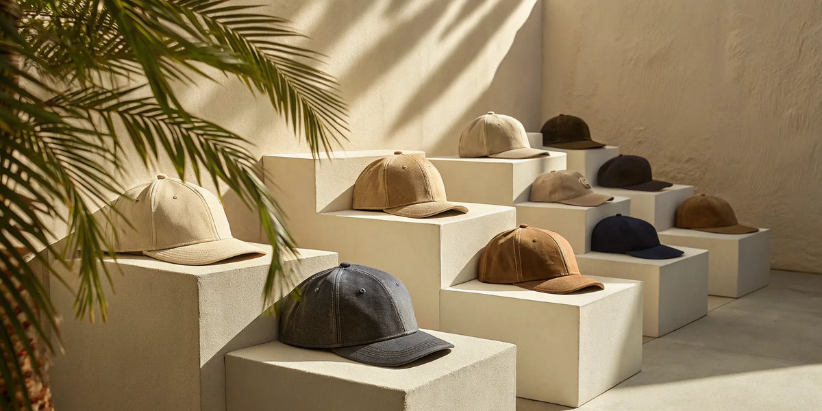A display of neutral-colored Dandy beisbol hats, a staple of California style.