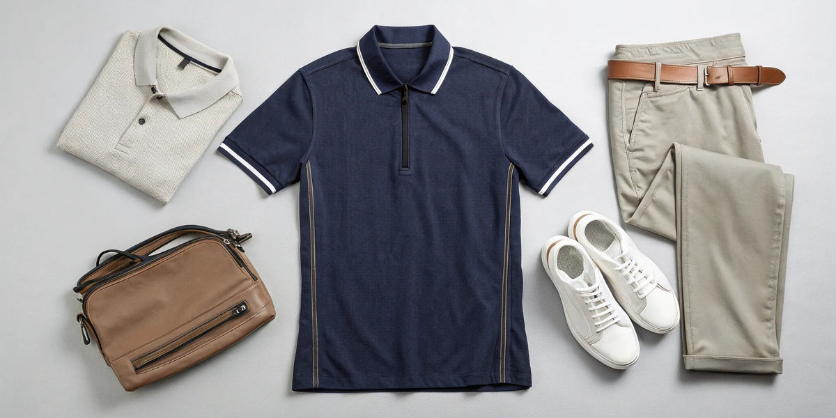 A man wearing a stylish beisbol game day apparel outfit with a polo shirt.