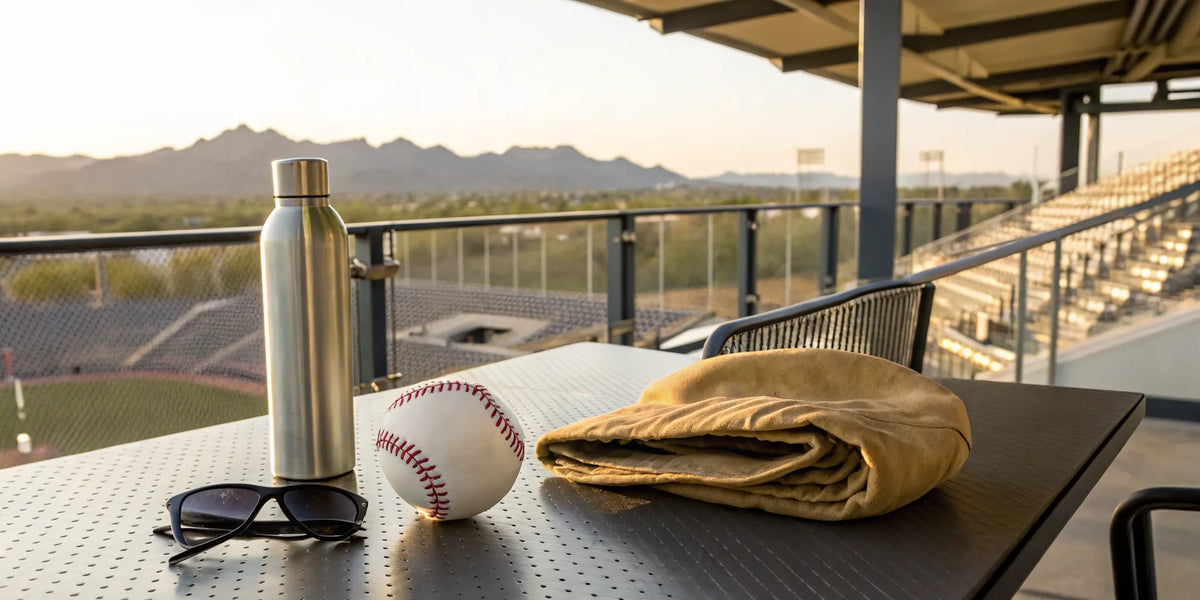 A baseball glove and sunglasses at an Arizona stadium, part of the beisbol sports lifestyle.