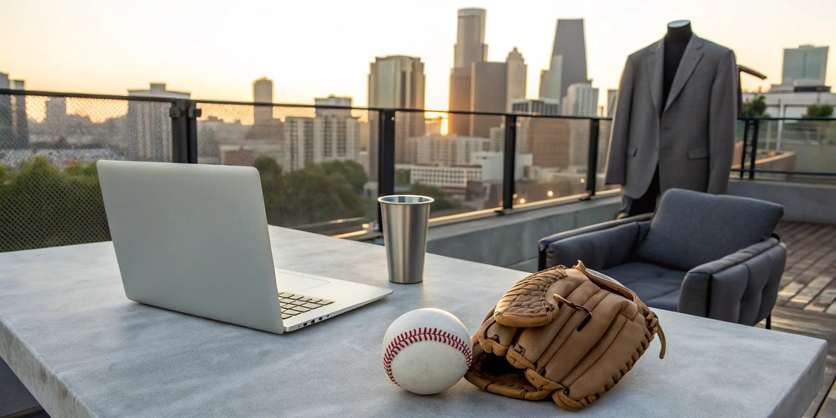 Laptop, beisbol glove, and ball on a rooftop overlooking the Los Angeles skyline.