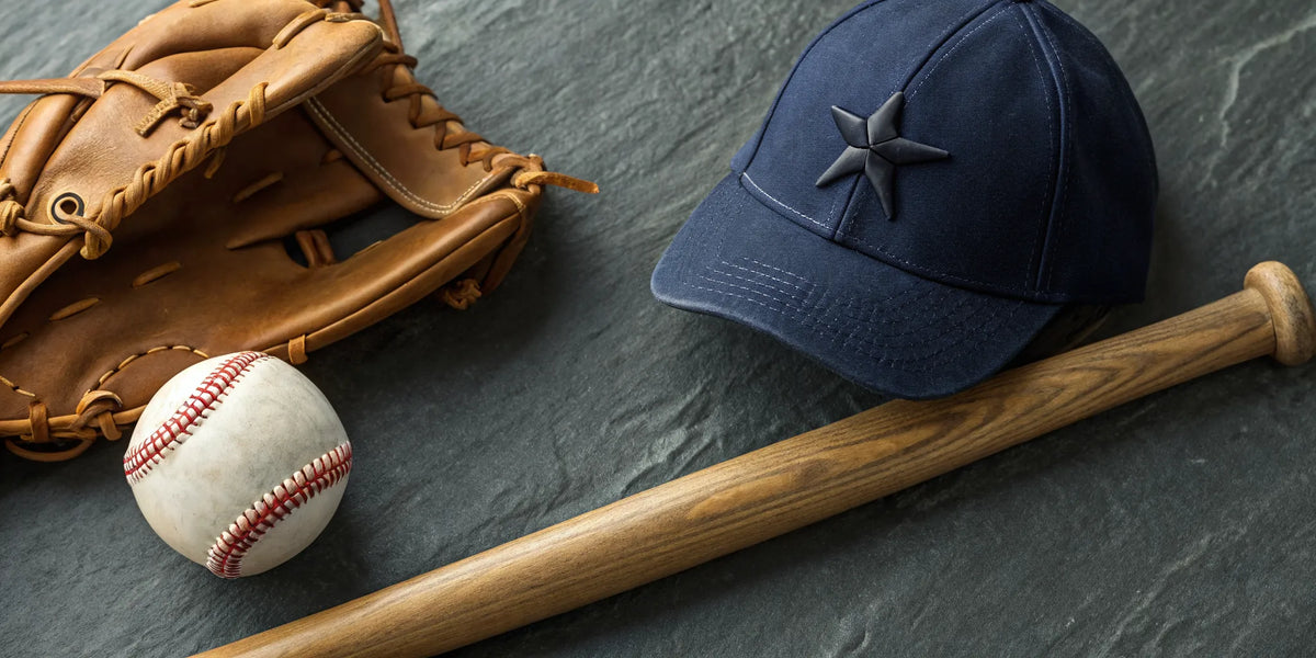 Texas beisbol sports lifestyle gear with a baseball glove, bat, and star cap.