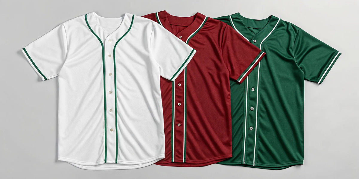 Classic button-down Mexican baseball shirts in red, white, and green.