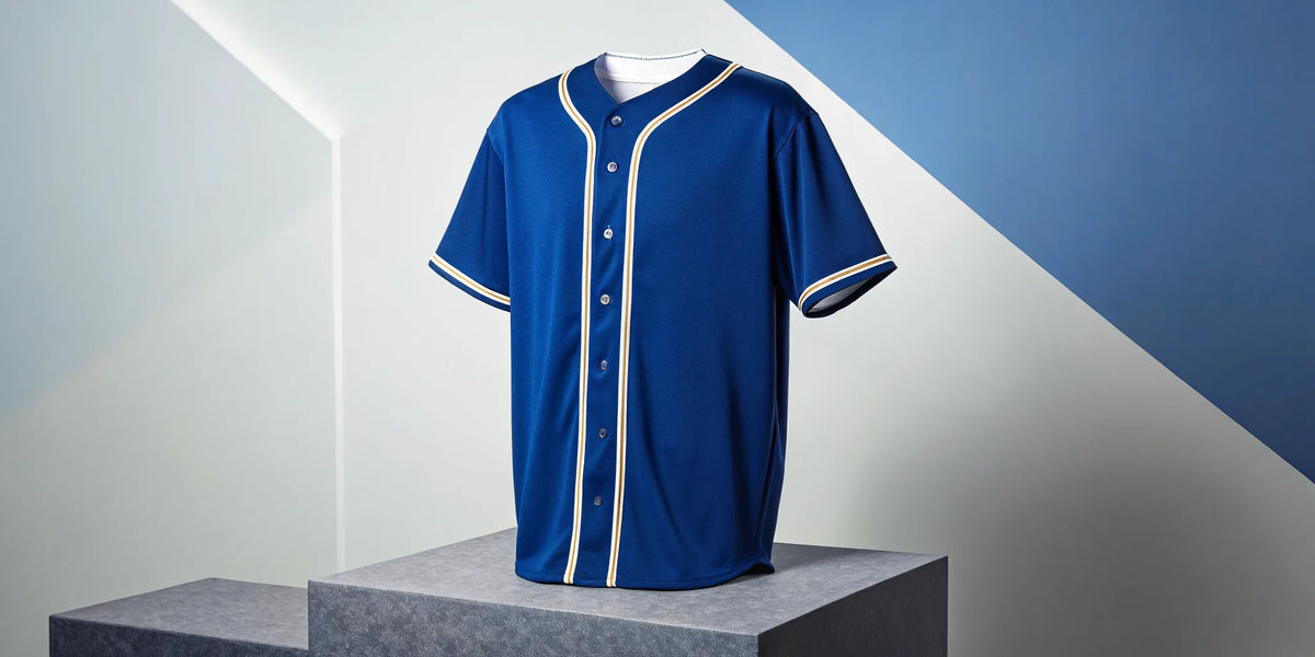 Classic blue button-up Jalisco baseball jersey with white and gold trim.