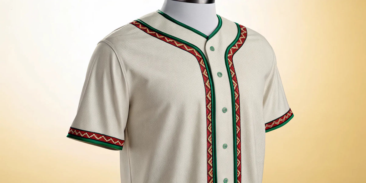 A Mexican heritage baseball jersey featuring traditional colors and patterns.