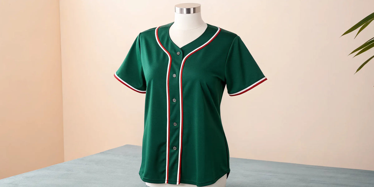 Green womens Mexico baseball jersey on a mannequin for a sizing guide.