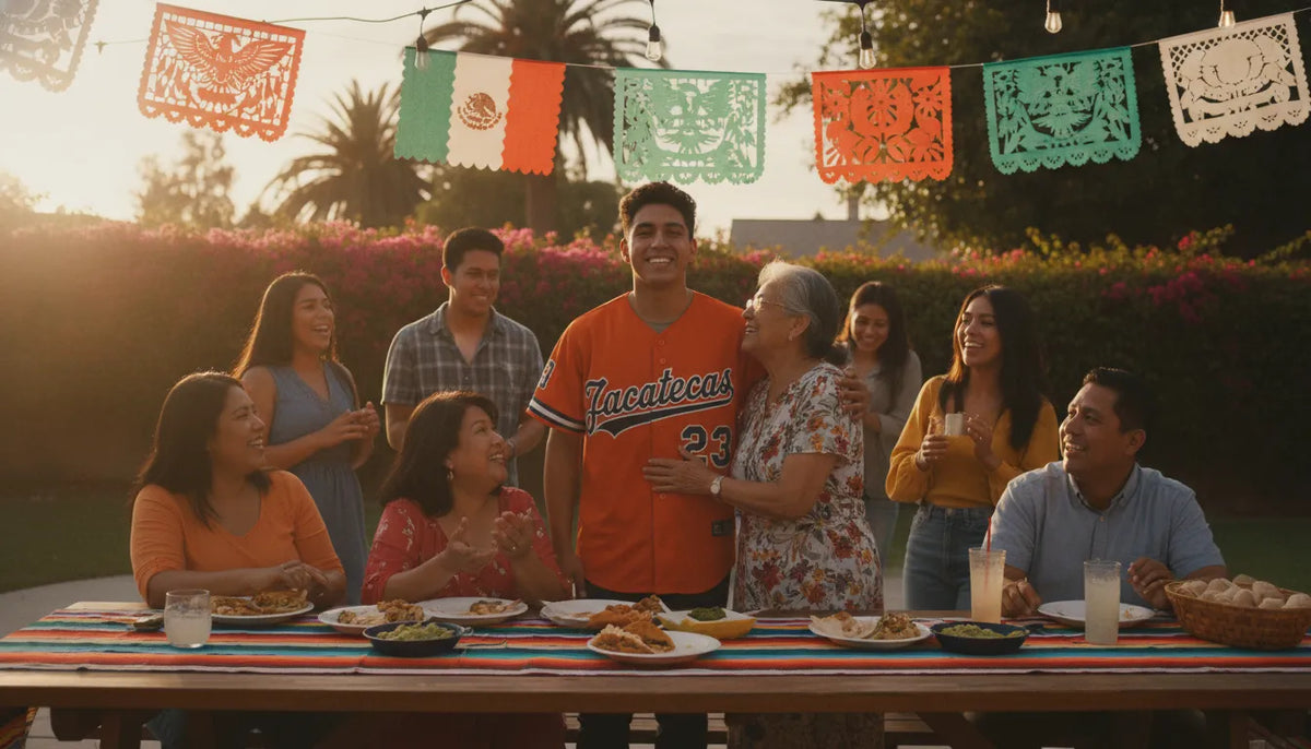 Person wearing a bright orange Zacatecas baseball jersey against a sunset backdrop with colonial Mexican architecture